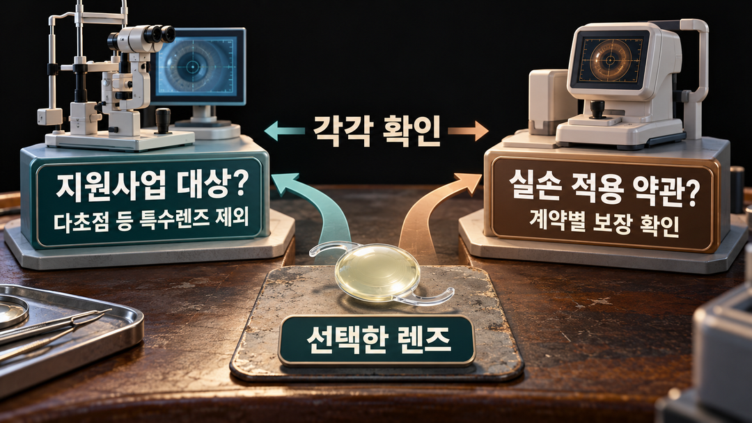설명 그림. 하나의 렌즈에서 지원사업과 실손보험 약관으로 서로 다른 확인 경로가 갈라진다.