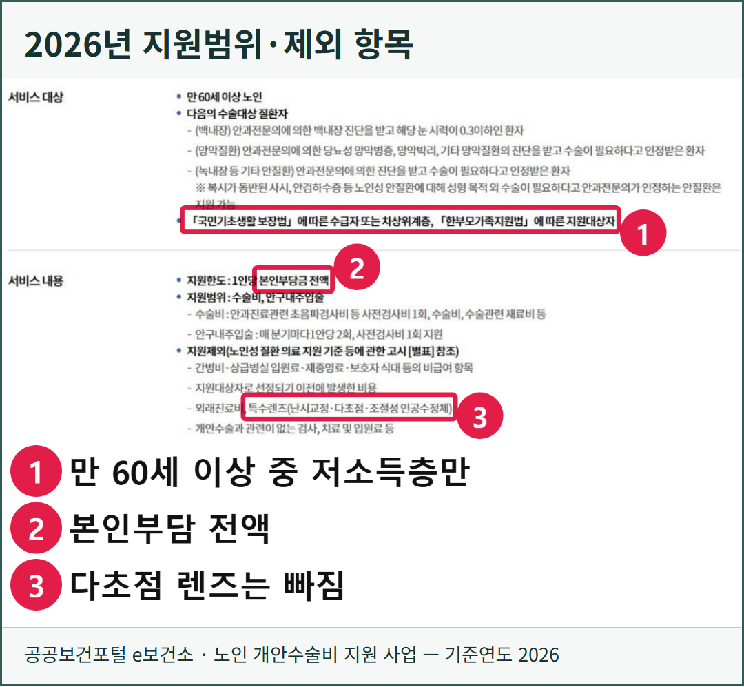 실제 공식 화면. e보건소의 2026년 노인 개안수술비 지원 안내에 있는 지원범위와 제외 항목을 보여 준다.