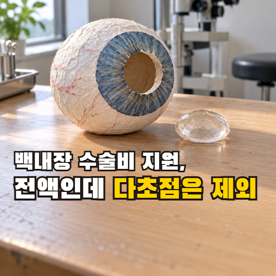 백내장 수술비 지원, 전액인데 다초점은 제외 — 렌즈 모양 한 조각이 빠진 커다란 눈 모형