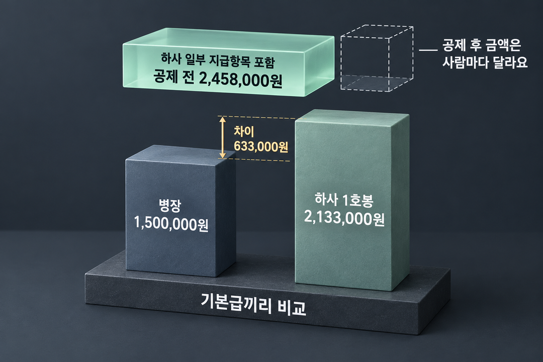 비교 설명 그림. 병장 기본급 150만 원과 일반 하사 1호봉 기본급 213만 3,000원의 차이는 63만 3,000원이다. 하사의 245만 8,000원은 일부 지급 항목을 더한 공제 전 금액이며, 공제 후 금액은 사람마다 달라진다.