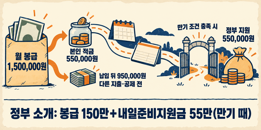 설명 그림. 정부가 소개한 205만 원은 매달 받는 병장 봉급 150만 원과 만기 조건을 충족할 때 받는 내일준비지원금 55만 원을 합친 값이다. 봉급에서 본인 적금 55만 원을 납입하면 다른 지출과 공제 전 95만 원이 남으며, 저축한 원금은 추가 소득이 아니다.