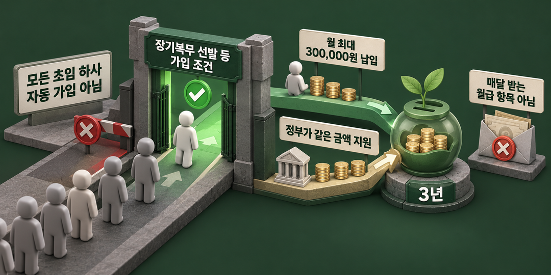 가입 조건 설명 그림. 장기간부 도약적금은 모든 초임 하사에게 자동 적용되지 않으며, 장기복무 선발 등 가입 조건을 충족한 대상이 월 최대 30만 원을 3년간 납입하면 정부가 같은 금액을 지원하는 제도다.