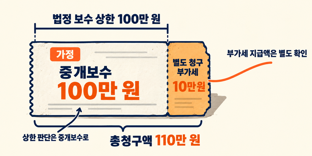 설명 그림. 가정한 총청구액 110만 원을 중개보수 100만 원과 별도 청구 부가세 10만 원으로 분리한다. 보수 상한 판단과 부가세 지급액 판단은 별개임을 보여 준다.