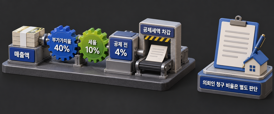 설명 그림. 사업자 세액 계산에서 매출액에 부가가치율 40%와 세율 10%를 적용해 공제 전 4%가 나오고 공제세액을 차감한다. 의뢰인 청구 비율은 별도로 판단한다고 구분한다.