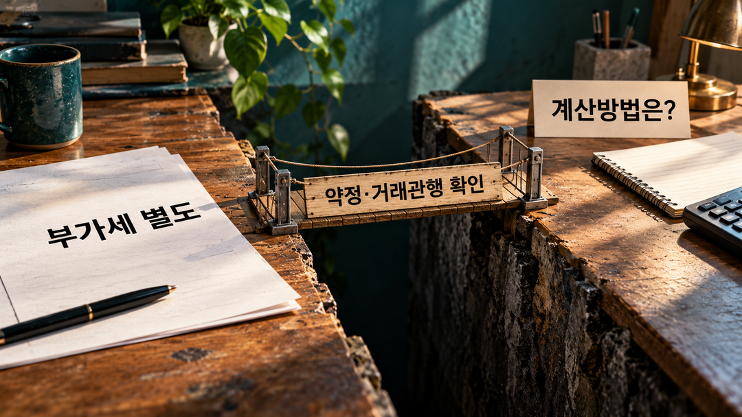 설명 그림. 종이에 적힌 ‘부가세 별도’에서 계산방법으로 향하는 길이 끊겨 있고, 그 사이에 약정과 거래관행을 확인해야 함을 보여 준다.
