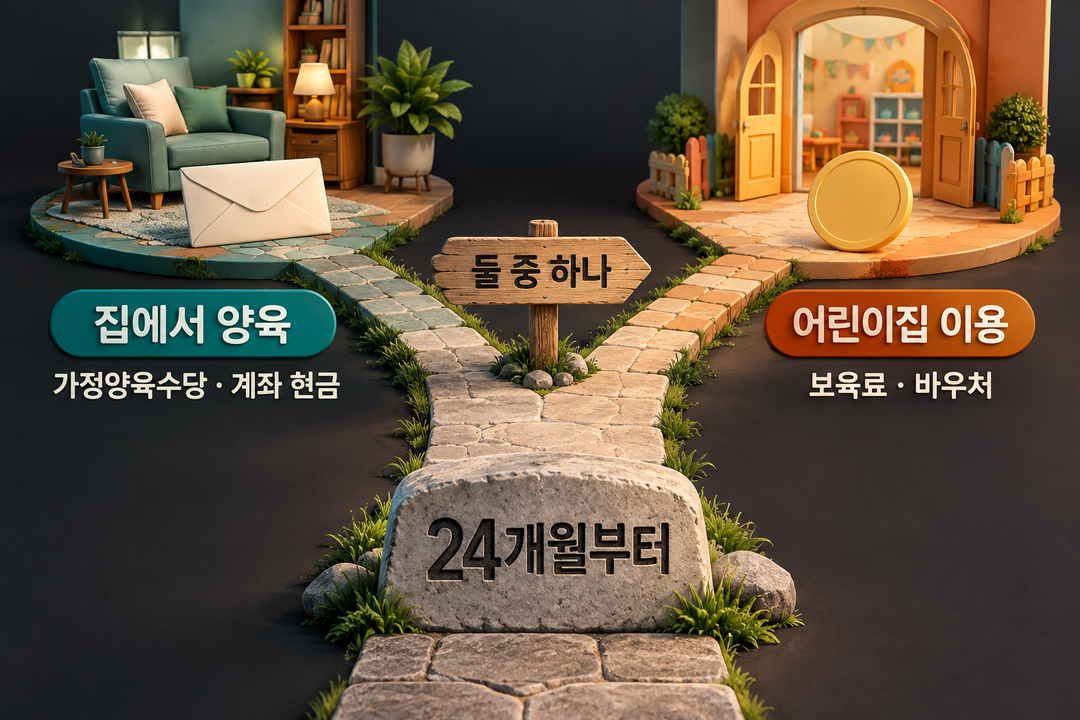 24개월부터 집에서 키우면 가정양육수당 현금, 어린이집을 이용하면 보육료 바우처로 갈리며 두 지원을 함께 받지 않는다는 생성 설명 그림.