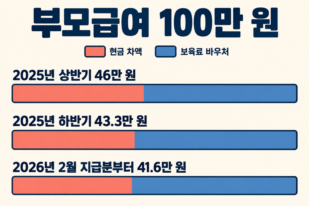 부모급여 총액 100만 원은 고정된 채 0~11개월 0세반 현금 차액이 2025년 상반기 46만 원, 하반기 43.3만 원, 2026년 2월 지급분부터 41.6만 원으로 줄어드는 관계를 그린 생성 비교 그림.