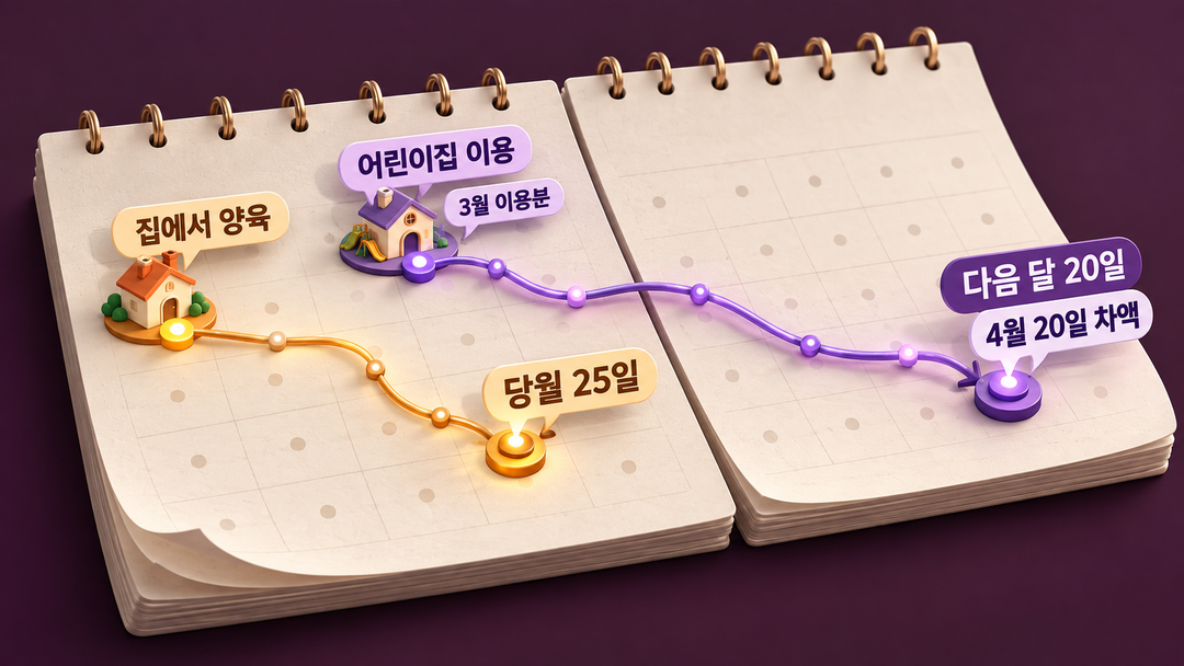 가정양육 부모급여는 당월 25일, 어린이집 이용분의 현금 차액은 다음 달 20일에 받는다는 시차를 3월과 4월 달력으로 보여 주는 생성 그림.