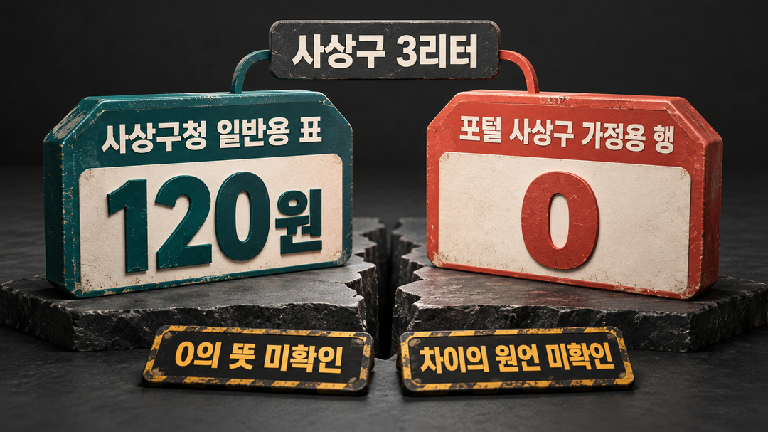 비교 그림. 사상구청 일반용 표의 3리터 120원과 공공데이터포털 사상구 가정용 행의 0 표시를 나란히 보여 주며, 0의 뜻과 차이의 원인은 확인되지 않았다고 밝힌다.