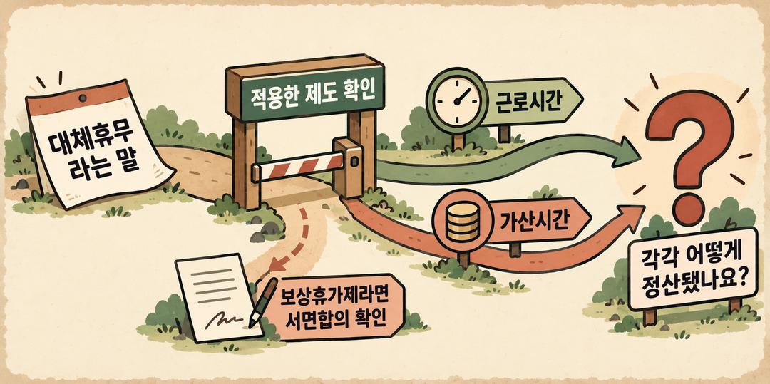 설명 그림. ‘대체휴무’라는 말에서 적용한 제도를 확인하는 관문을 거쳐 근로시간과 가산시간의 정산을 각각 살펴보는 관계를 보여 준다.