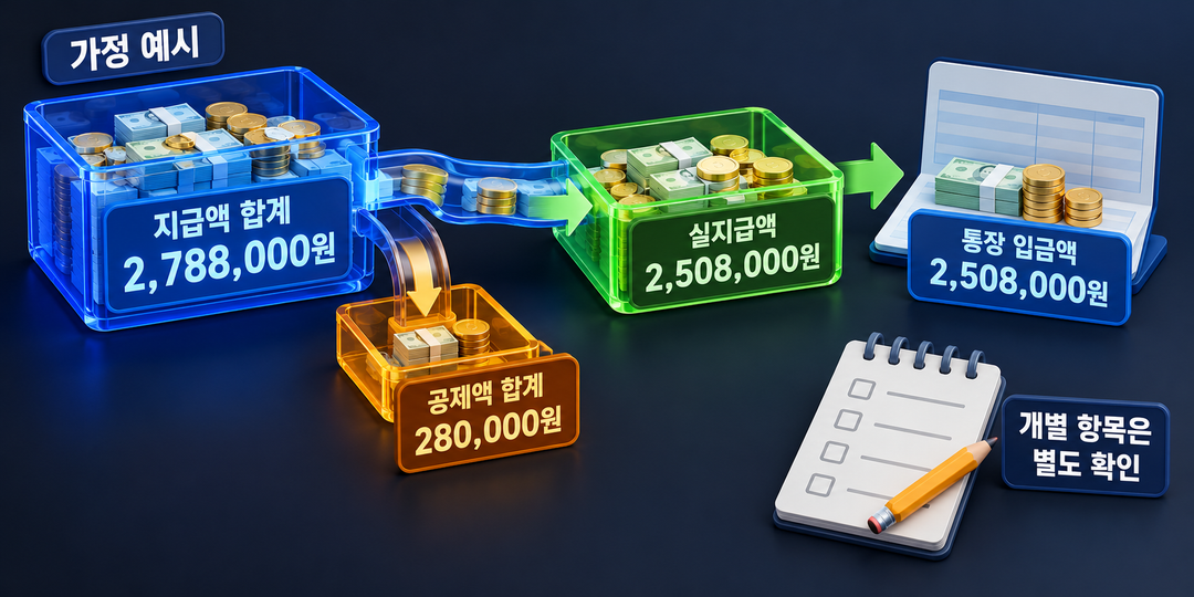 설명 그림. 가정 예시의 지급액 합계 2,788,000원에서 공제액 합계 280,000원을 빼 실지급액 2,508,000원을 구하고 같은 통장 입금액과 대조한다. 개별 항목은 별도 확인 대상으로 남는다.