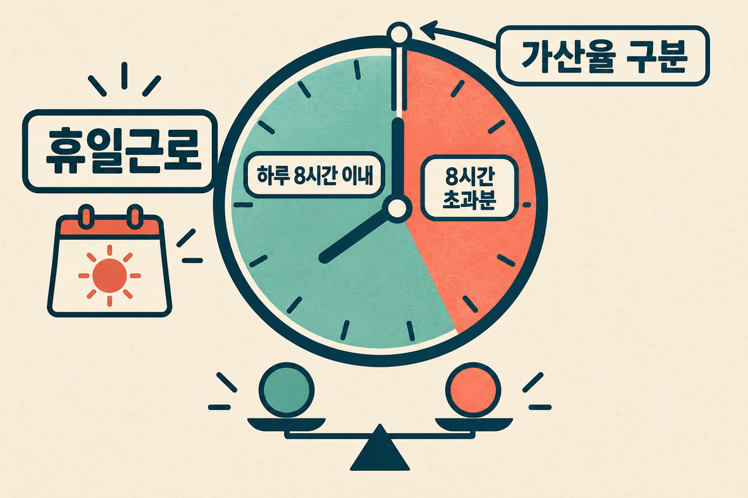 설명 그림. 휴일근로 시간을 8시간 경계에서 두 구간으로 나눠 가산율을 각각 확인하도록 보여 준다.