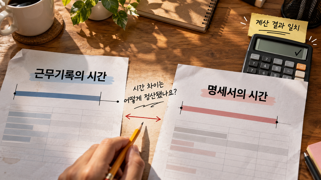 가상 장면. 책상 위 근무기록과 명세서의 시간 표시가 어긋나 있고 계산 결과는 맞게 표시돼 있다. 차이의 정산 방법을 묻는 질문으로 이어진다.
