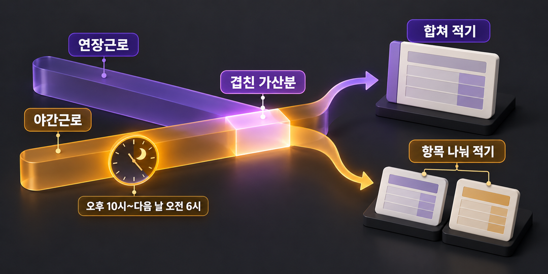 설명 그림. 연장근로 띠와 야간근로 띠가 겹치는 부분에서 가산분이 한 항목에 합쳐지거나 별도 항목으로 적힐 수 있음을 보여 준다.