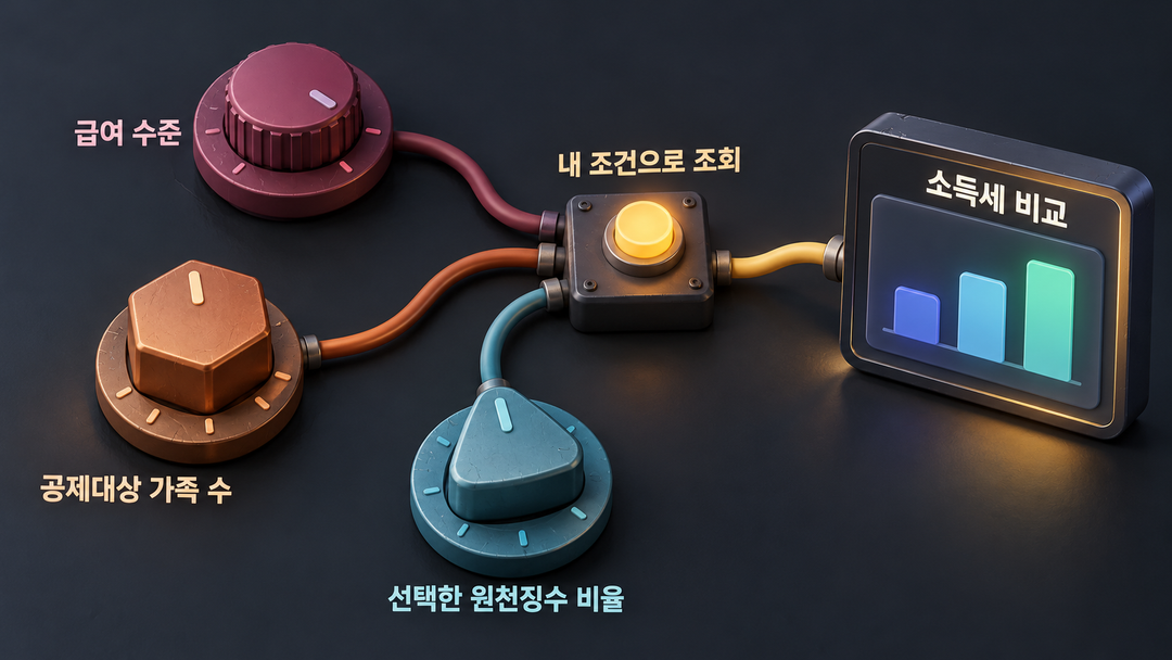 설명 그림. 급여 수준, 공제대상 가족 수, 선택한 원천징수 비율을 하나의 조회 조건으로 모아 소득세를 비교하는 관계를 보여 준다.