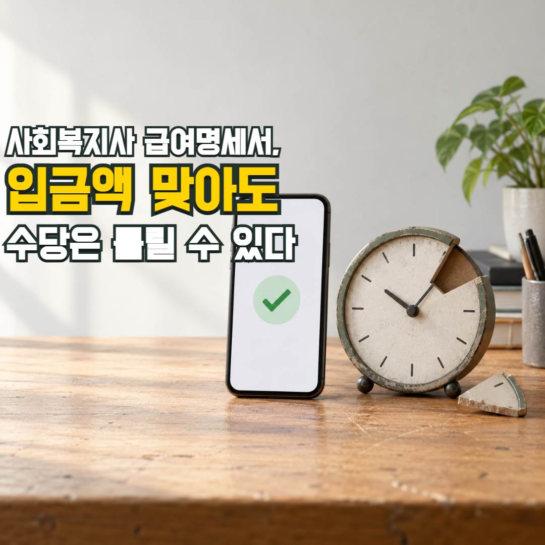 사회복지사 급여명세서, 입금액 맞아도 수당은 틀릴 수 있다 — 입금 확인 표시가 뜬 휴대전화 옆, 한 조각이 빠진 시계
