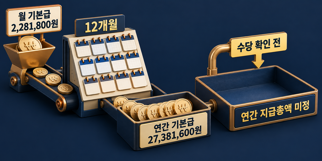 설명 그림. 월 기본급 2,281,800원씩 12개월인 연간 기본급은 27,381,600원이지만 수당을 포함한 연간 지급총액은 아직 확정할 수 없음을 보여 준다.