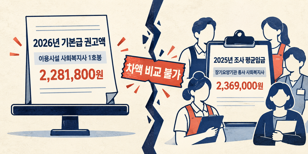 설명 그림. 2026년 이용시설 사회복지사 1호봉 기본급 권고액과 2025년 장기요양기관 사회복지사 조사 평균임금이 서로 다른 기준의 숫자여서 차액으로 비교할 수 없음을 보여 준다.