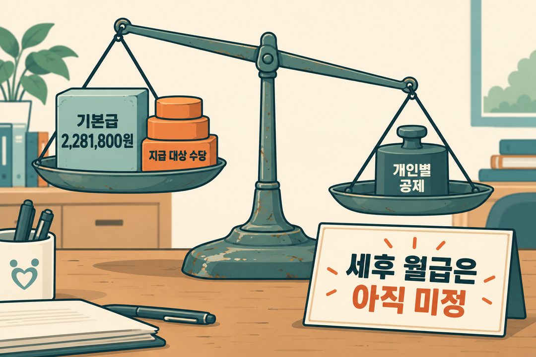 설명 그림. 기본급에서 지급 대상 수당과 개인별 공제를 거쳐야 세후 월급을 알 수 있음을 보여 준다.