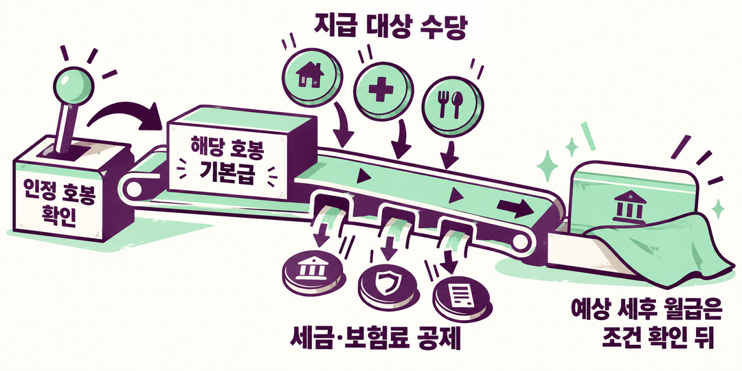 설명 그림. 인정 호봉을 확인해 기본급을 정하고 지급 대상 수당과 세금·보험료 공제를 반영해야 예상 세후 월급을 구할 수 있음을 보여 준다. 확정된 실수령액은 없다.