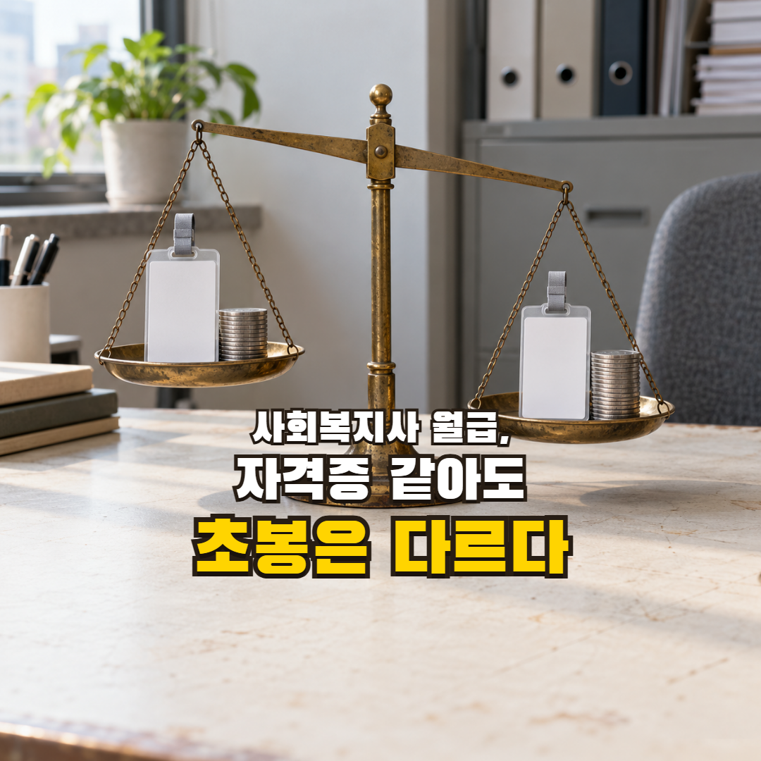 사회복지사 월급, 자격증 같아도 초봉은 다르다 — 같은 빈 명찰 두 개와 기울어진 급여 저울
