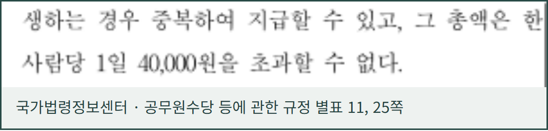 공식 원본 화면. 공무원수당 등에 관한 규정 별표 11의 중복 지급과 한 사람당 하루 40,000원 상한이 이어지는 25쪽.