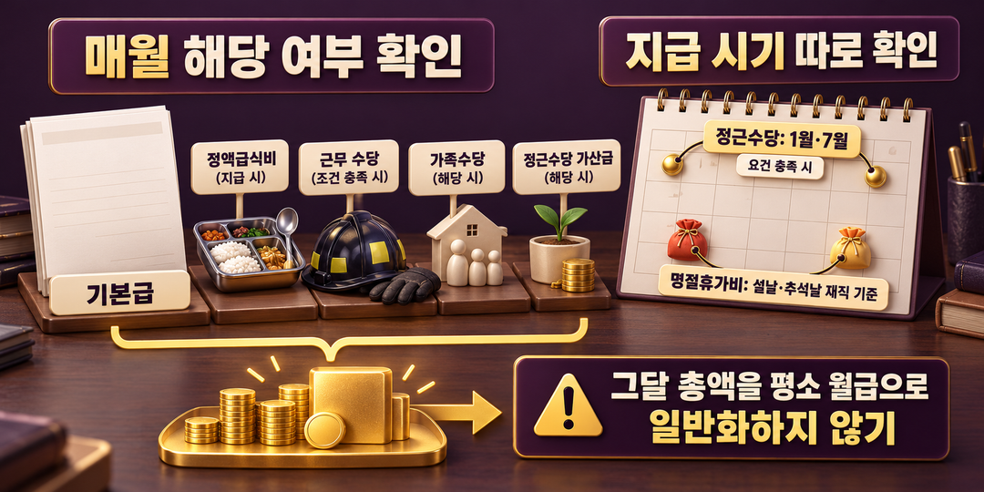 설명 그림. 매월 명세서에서 해당 여부를 확인할 항목과 1월·7월의 정근수당, 설날·추석날 기준의 명절휴가비를 달력 위에 분리해 보여 준다.