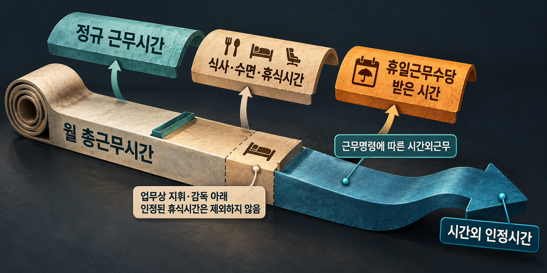 설명 그림. 월 총근무시간의 시간 띠에서 정규 근무시간, 식사·수면·휴식시간, 휴일근무수당을 받은 시간을 구분하고, 업무상 지휘·감독 아래 인정된 휴식시간은 제외하지 않는 예외를 표시한다.