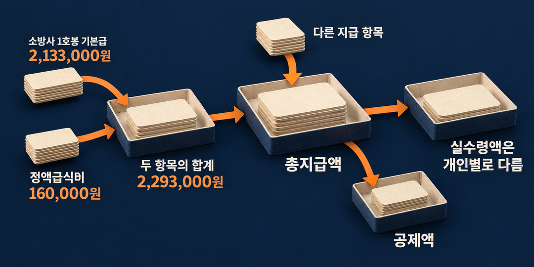 설명 그림. 기본급과 정액급식비의 합계 2,293,000원에 개인별 지급 항목과 공제액을 반영해야 실수령액을 알 수 있는 흐름.
