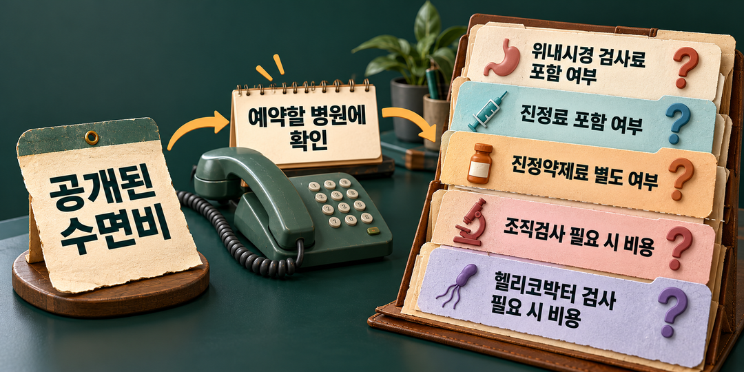 공개된 수면비 가격표 한 장 옆에 검사료·진정료·약제료 및 필요한 추가 검사의 포함 여부를 확인하는 구성품을 펼쳐 보인 설명 그림. 금액은 제시하지 않는다.
