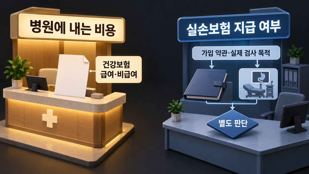 병원에서 정하는 건강보험 급여·비급여와 민간 실손보험의 지급 여부를 서로 다른 단계로 그린 설명 그림