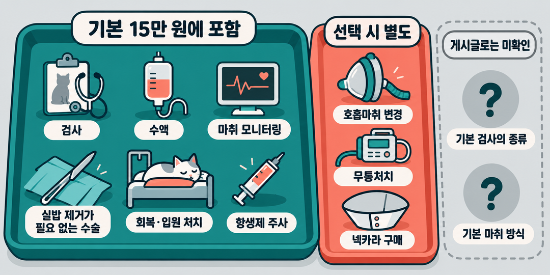 설명 그림. 가운데의 기본 비용 영역에 포함 항목이 모이고, 옆의 선택 추가 항목과 물음표로 표시한 미확인 항목이 서로 분리되어 있다.