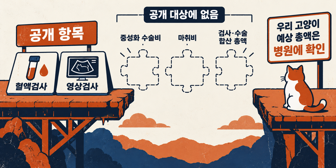 설명 그림. 공개 자료 쪽의 혈액검사·영상검사 항목과 병원에 확인해야 할 우리 고양이의 예상 총액 사이에, 공개 대상에 없는 수술비·마취비·합산 총액의 빈자리가 보인다.