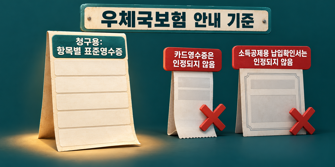 우체국보험 안내 기준에서 항목별 표준영수증은 청구용이고 카드영수증과 소득공제용 납입확인서는 인정되지 않음을 개념적으로 구별한 생성 그림. 실제 서식의 재현은 아니다.