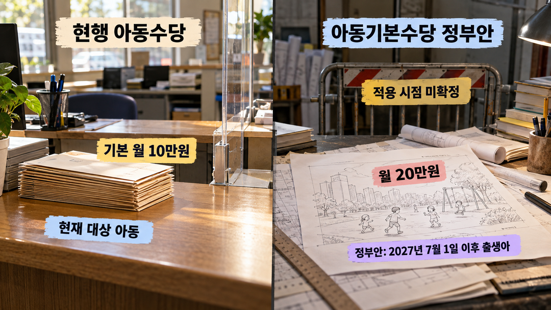 현재 지급되는 기본 월 10만원 아동수당은 열린 창구로, 월 20만원 아동기본수당 정부안은 아직 확정되지 않은 설계도로 보여 주는 생성 비교 그림. 정부안의 적용 대상과 미확정 시점을 구별한다.