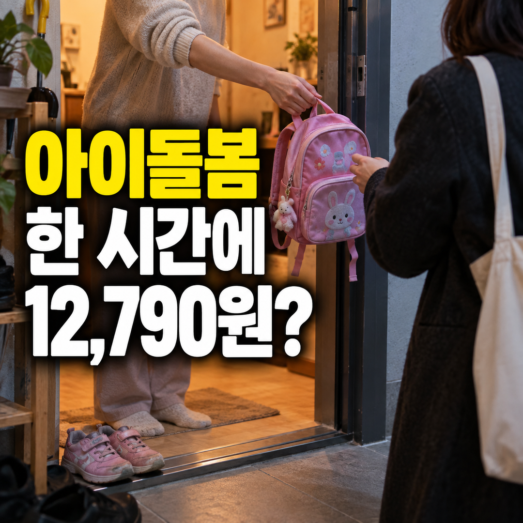 현관에서 아이를 맡길 준비를 하는 가상 장면과 ‘아이돌봄 한 시간에 12,790원?’이라는 큰 질문 문구를 담은 생성 썸네일.