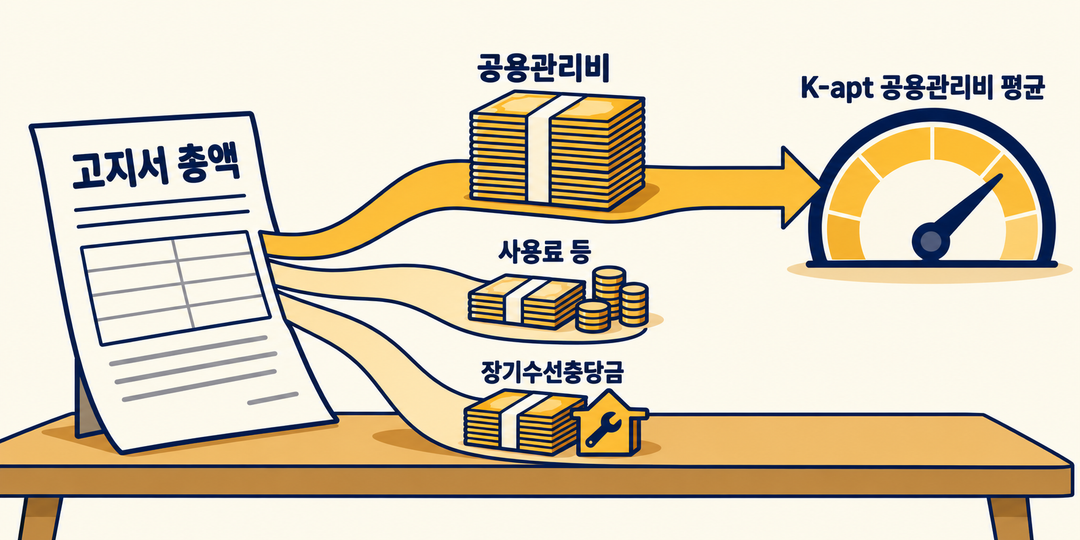 설명 그림. 고지서 총액이 공용관리비·사용료 등·장기수선충당금으로 갈라지고 공용관리비만 K-apt 공용관리비 평균과 연결된다.