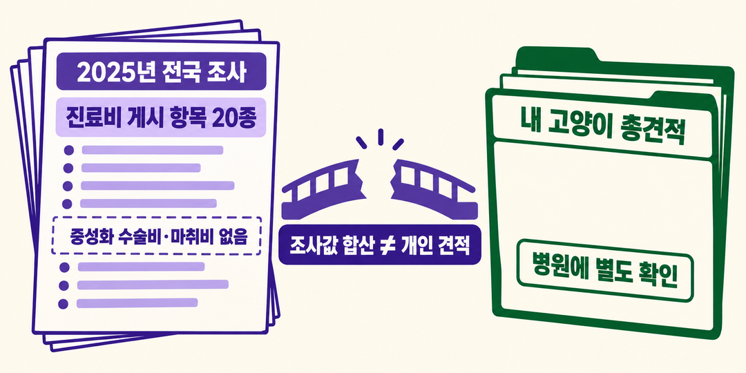 정보 그림. 2025년 전국 조사에는 중성화 수술비와 마취비가 없고, 조사 항목의 금액을 합쳐 내 고양이의 병원 견적으로 삼을 수 없음을 보여 준다.
