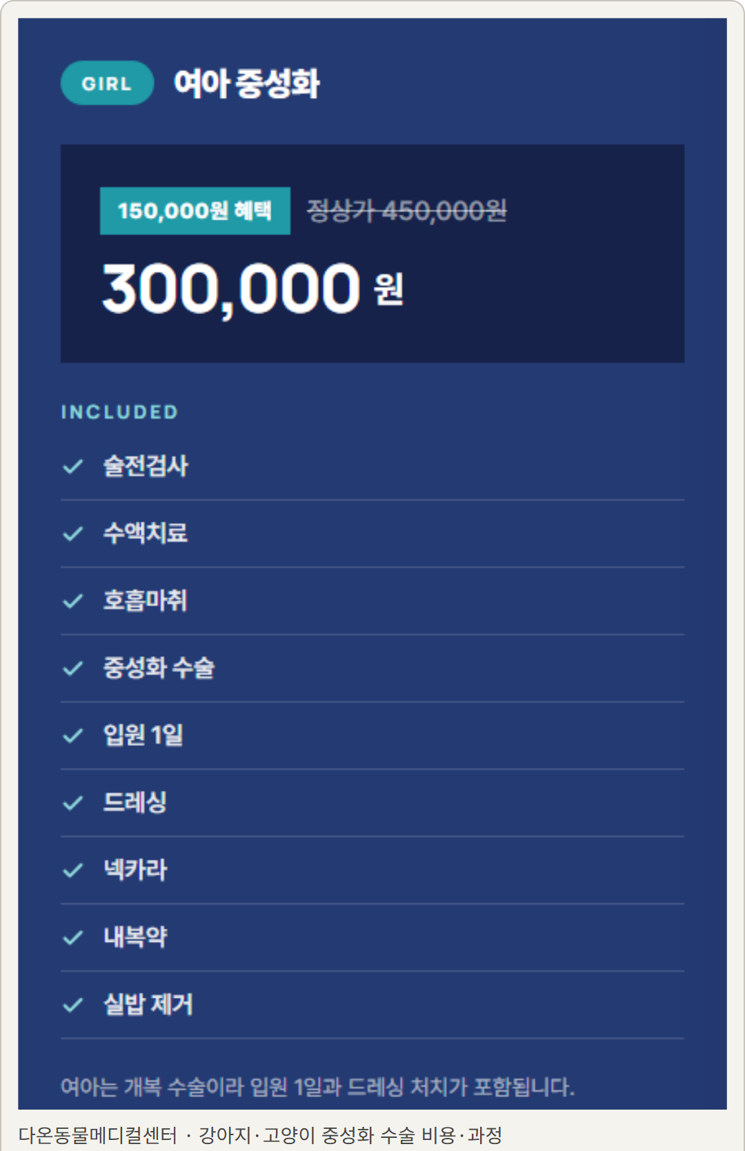 다온동물메디컬센터 공식 중성화 안내 화면. 여아 이벤트 묶음 30만 원과 입원 1일·드레싱·넥카라·내복약·실밥 제거 등의 포함 항목을 보여 주는 실제 화면.