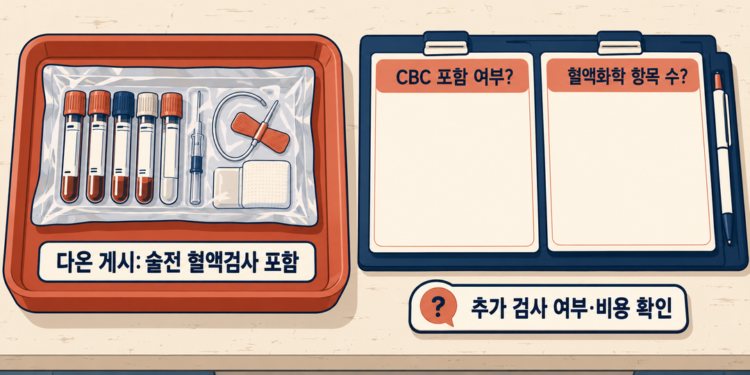 설명 그림. 이미 포함된 술전 혈액검사는 견적 안에 놓고, CBC 포함 여부와 혈액화학 항목 수 및 추가 검사 비용은 확인할 질문으로 남긴다.