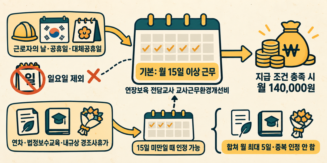 설명 그림. 연장보육 전담교사의 정부 수당은 월 15일 이상 근무가 기본 조건이며, 실제 근무가 모자랄 때 인정 가능한 날과 제외·상한 조건이 따로 있음을 보여 준다.