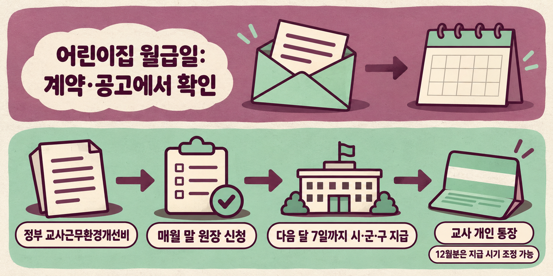 설명 그림. 어린이집 월급일은 계약이나 공고에서 확인해야 하고, 정부 교사근무환경개선비는 매월 말 원장이 신청한 뒤 시·군·구가 다음 달 7일까지 교사 개인 통장으로 지급하는 별도 흐름임을 보여 준다.