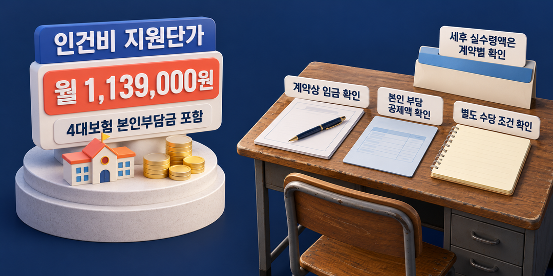 설명 그림. 월 1,139,000원은 4대보험 본인부담금이 포함된 인건비 지원단가이고, 세후 실수령액은 계약 임금과 공제액, 별도 수당 조건을 확인해야 알 수 있음을 구분한다.