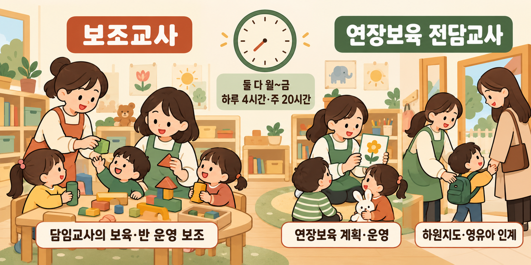 설명 그림. 두 직무의 기준 근무시간은 같지만, 보조교사는 담임교사의 보육과 반 운영을 돕고 연장보육 전담교사는 연장보육을 계획·운영하며 하원지도와 영유아 인계를 맡는 모습을 비교한다.
