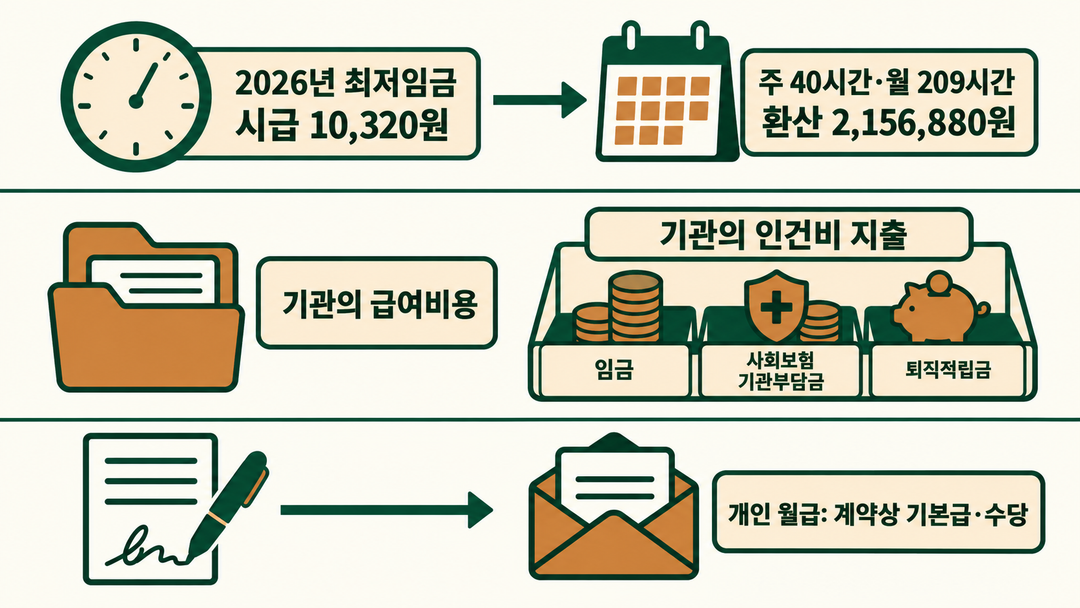 최저임금의 월 환산액, 기관의 급여비용과 인건비 지출, 개인 계약상 월급을 별도 층으로 나눈 설명 그림