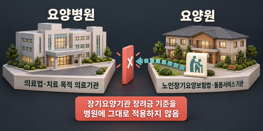 요양병원과 요양원을 서로 다른 법과 목적에 연결하고 장려금 기준의 경계를 나타낸 설명 그림