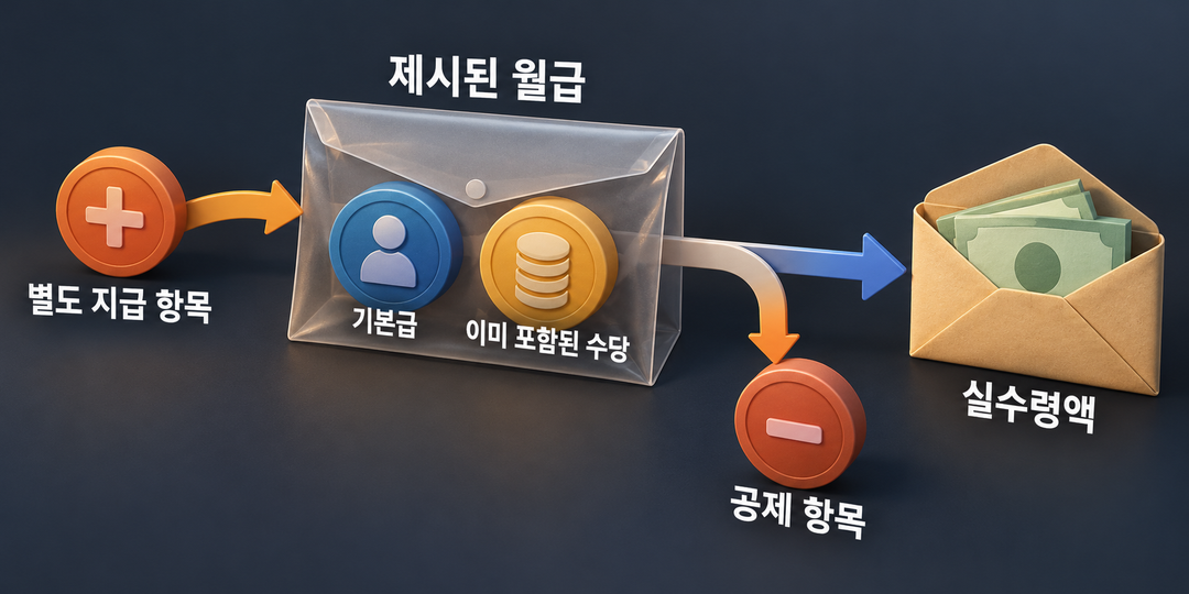 제시된 월급 안의 기본급과 포함 수당, 별도 지급 항목, 공제 항목을 구분해 실수령액으로 이어지는 관계를 그린 설명 그림