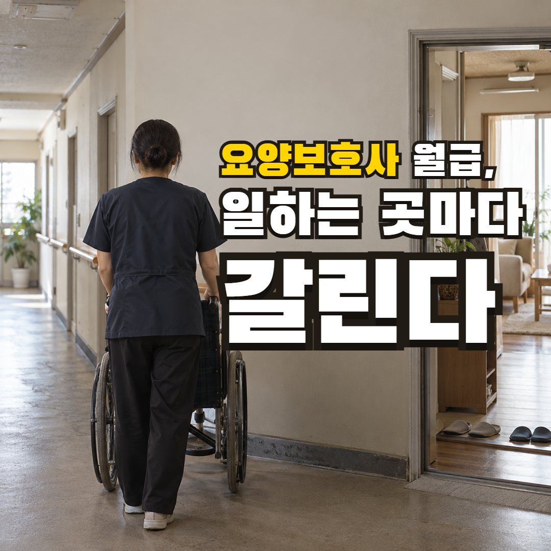 돌봄 종사자가 침대의 어르신을 돌보는 실제 사진 위에 ‘요양보호사 월급, 일하는 곳마다 갈린다’라고 적은 썸네일