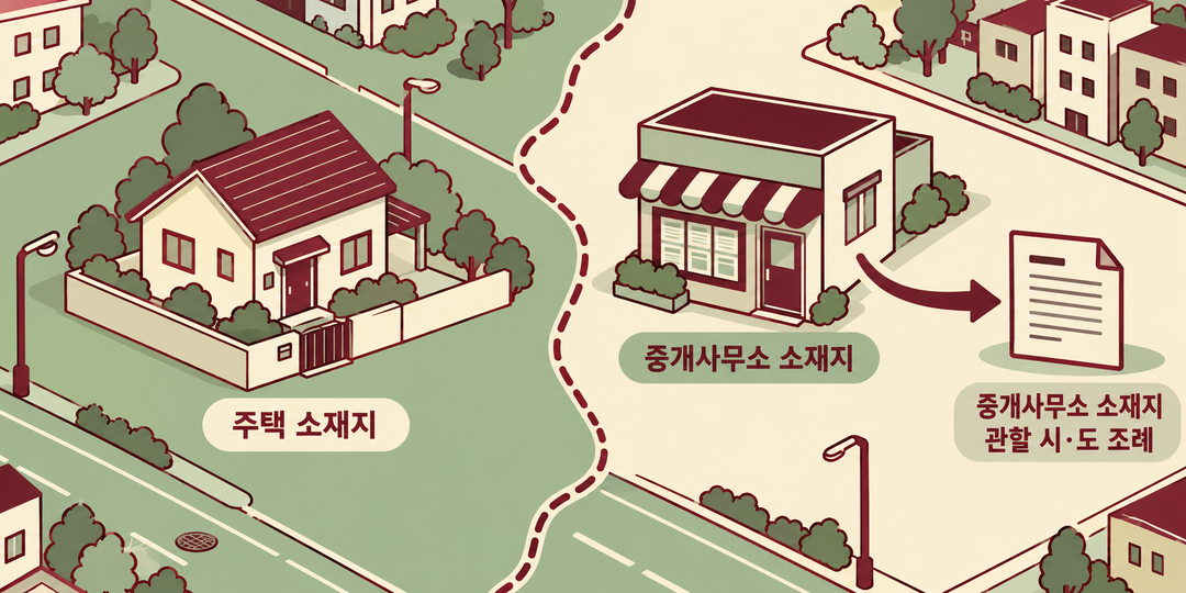 위치 관계 그림. 주택과 중개사무소가 서로 다른 지역에 있을 때 적용할 중개보수 조례는 중개사무소 소재지를 관할하는 시·도 조례임을 보인다.