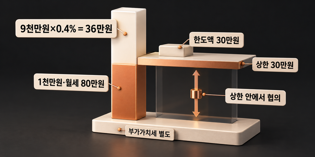 관계 그림. 보증금 1천만원·월세 80만원 예시의 요율 계산값 36만원이 한도액 30만원에 막혀 상한은 30만원이 되며, 실제 보수는 그 안에서 협의한다. 부가가치세는 별도다.
